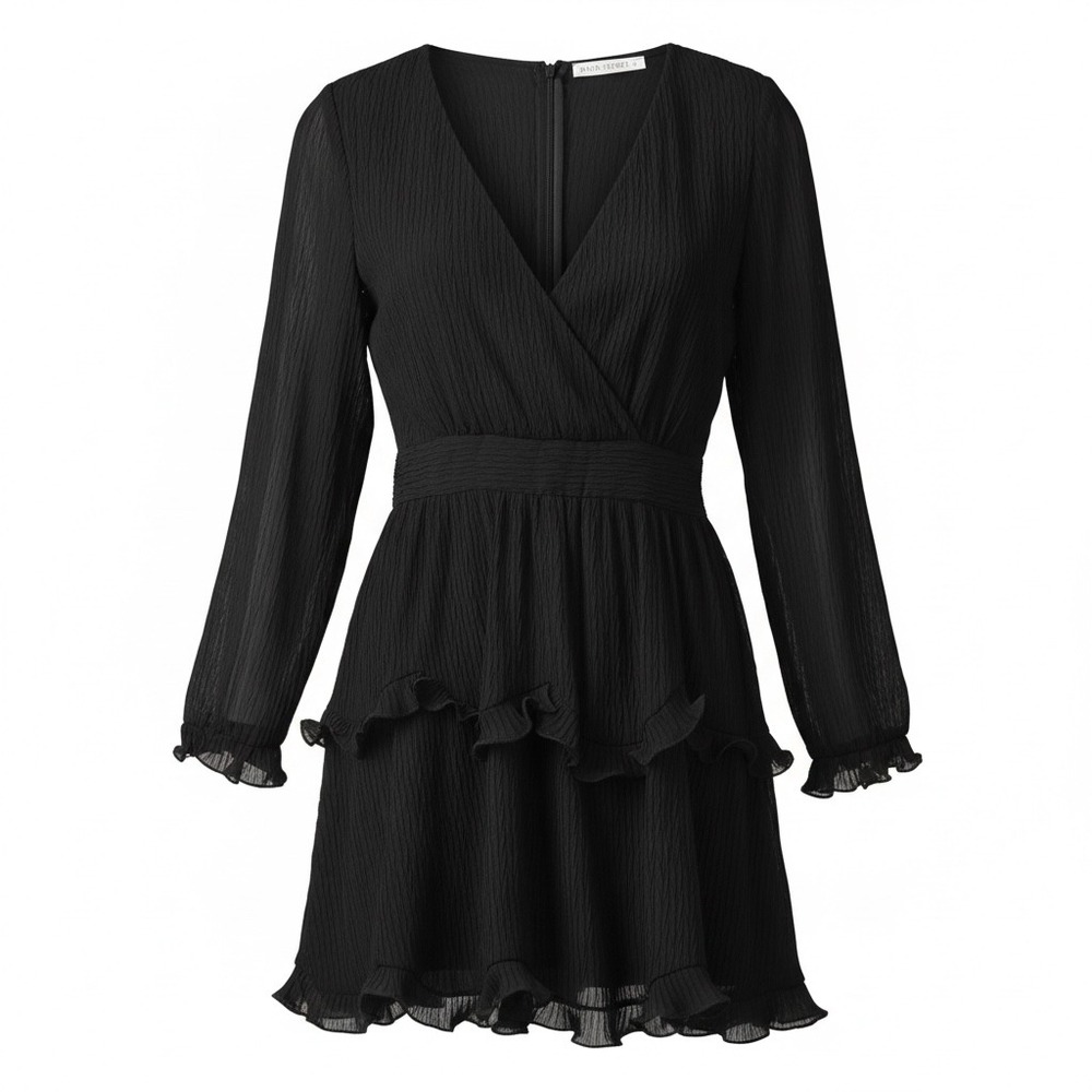 SAINTS‎ SECRETS Black Crinkle Gauze Ruffle V Neck L/S Mini Dress LG Sheer Flirty